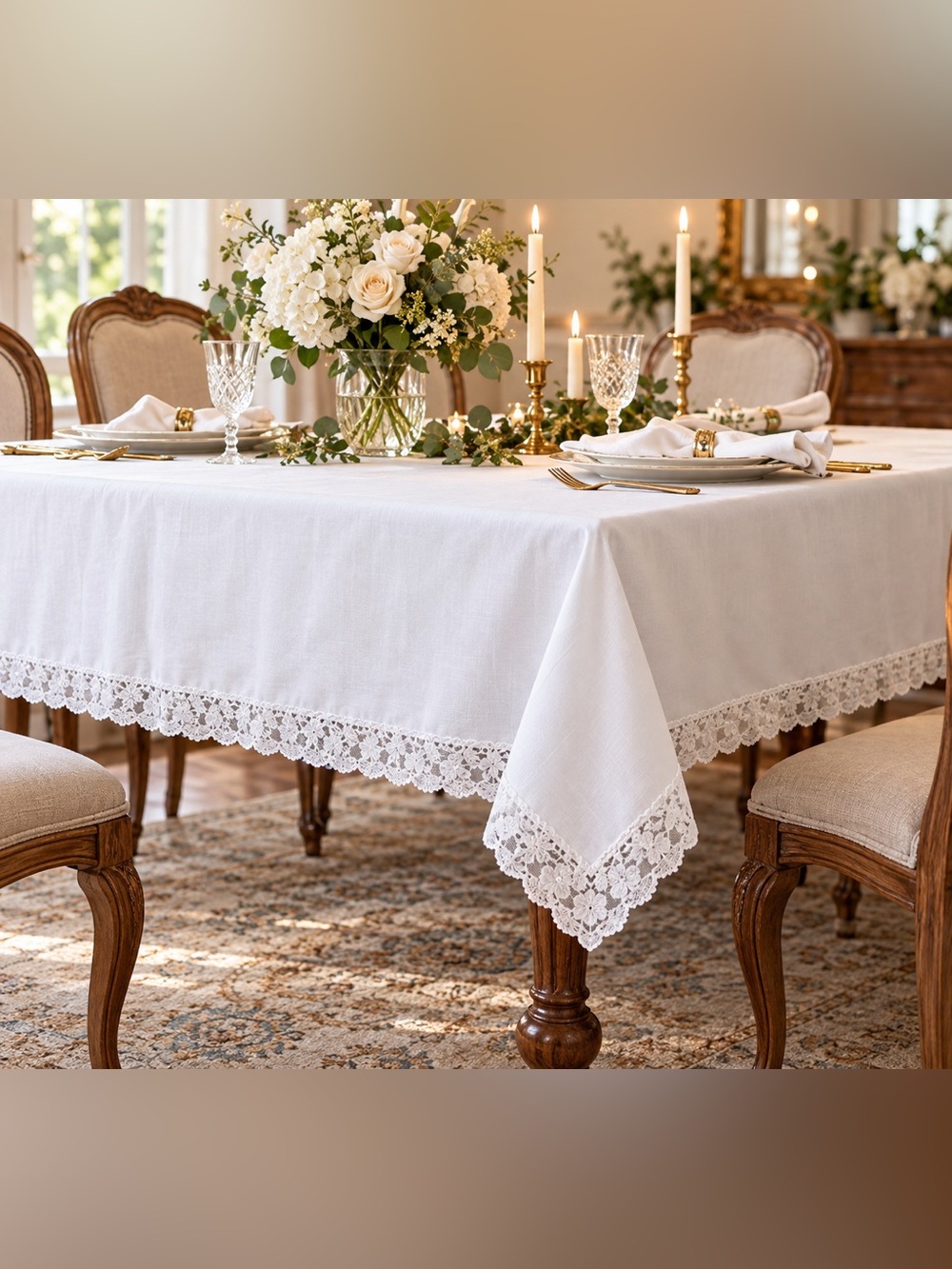 Vintage White Lace Trim Tablecloth 50 x 70 Oblong Permanent Press NOS